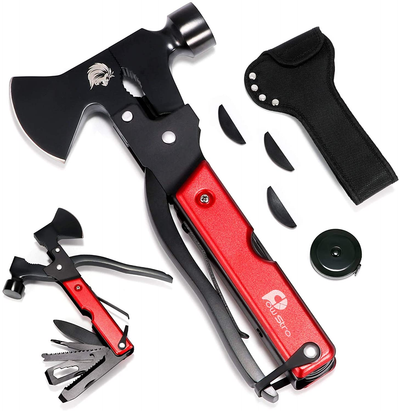 Multitool Camping Accessories, Survival Gear and Equipment 16 in 1 Multitool Hatchet with Hammer Axe Saw Screwdrivers Pliers Bottle Opener Tape Measure Durable Sheath Gift for Men Woman