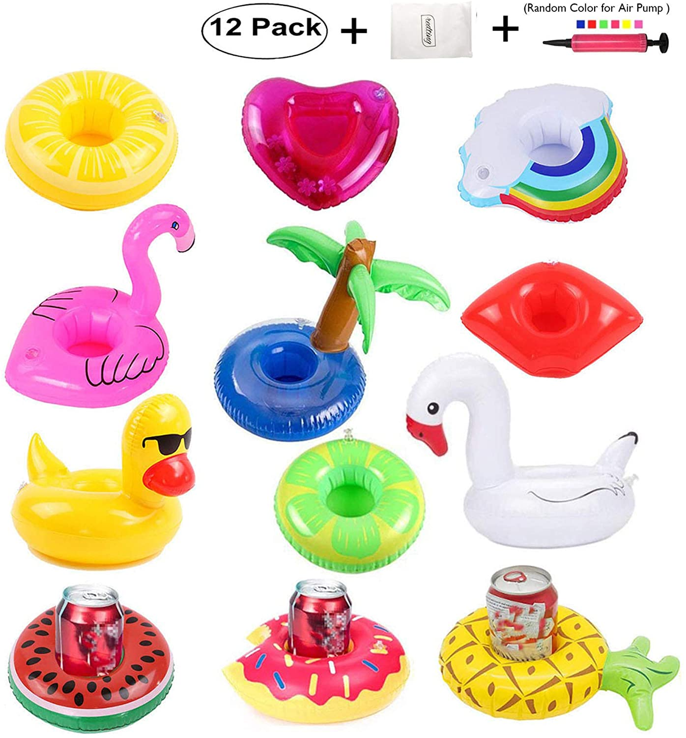 12 Pack Inflatable Drink Holders+1 Inflatable Needle+1 Storage Bag，Drink Floats Inflatable Cup Coasters for Kids Toys and Pool Party