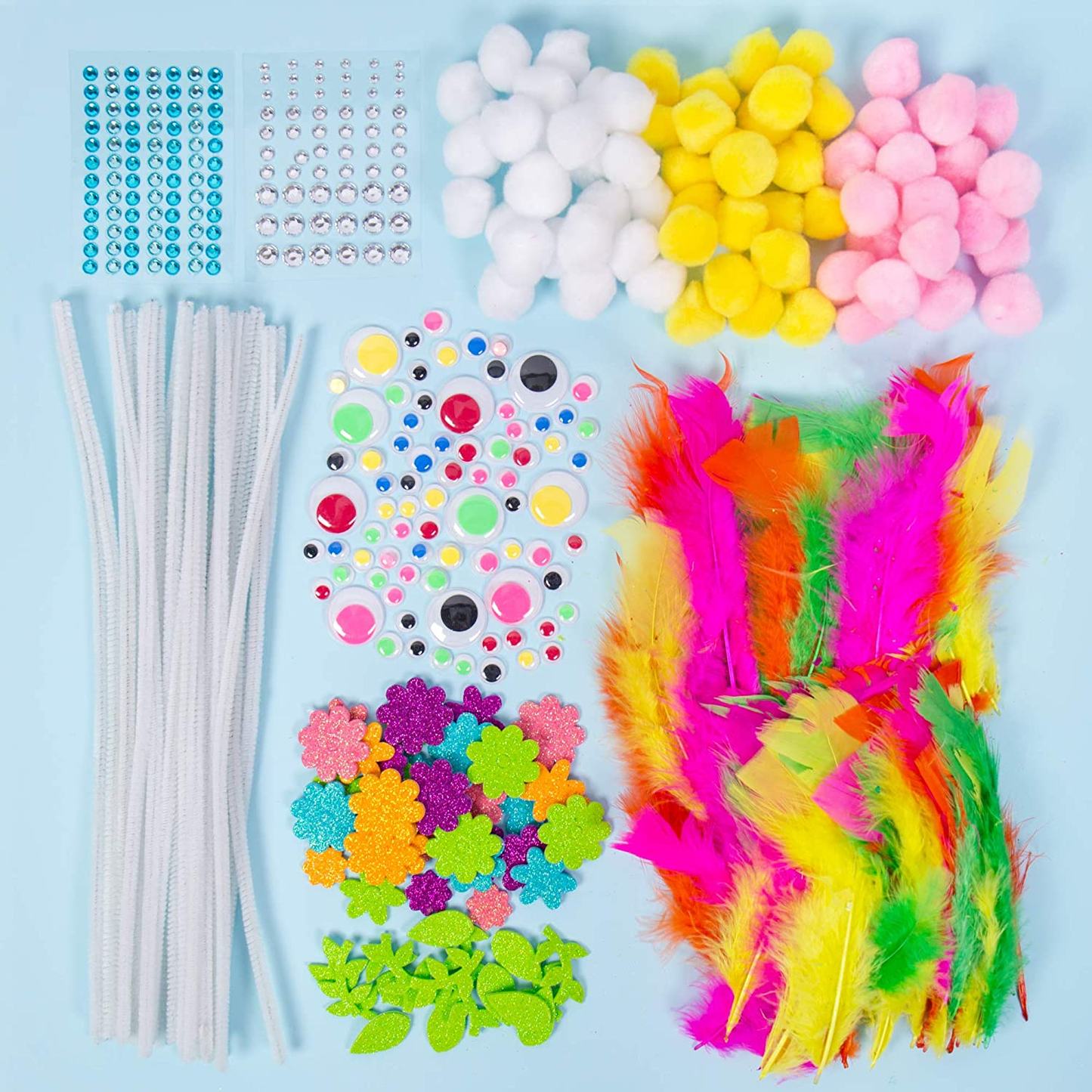 Rainbow Arts & Crafts Supplies.All in One Crafting &Embellishment Pack, Colorful Craft Set.Kit Includes Fuzzy Sticks, Pom-Pom’S,Sequins, Jewels,Jumbo Craft Sticks,Wood Sticks & More