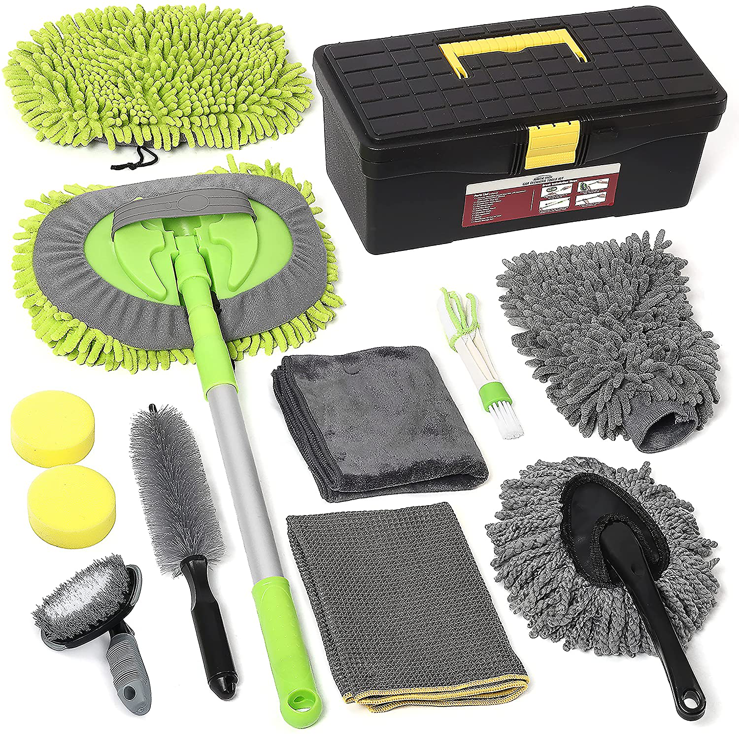 AURELIO TECH 12 Pcs Car Cleaning Kit | Car Wash Kit with Bucket, Brush with 43'' Long Handle, Car Wash Mitt Microfiber Towels Storage Box for Exterior and Interior Detailing