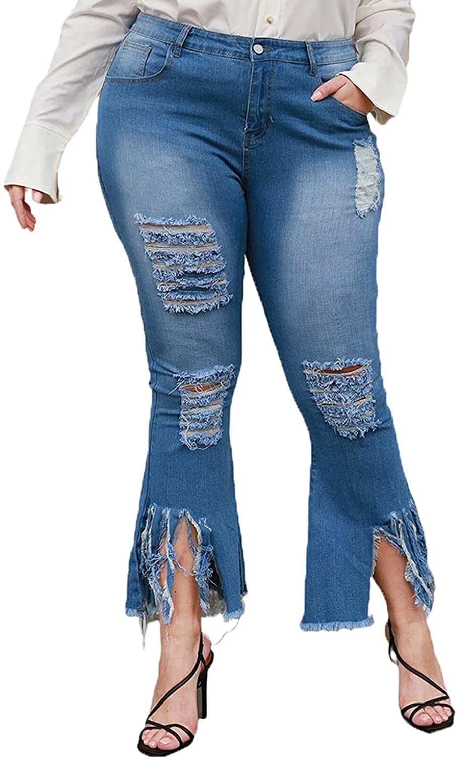 SeNight Plus Size Bell Bottom Jeans for Women Ripped Flared Bell Bottom Jean Classic Pants XL-5XL