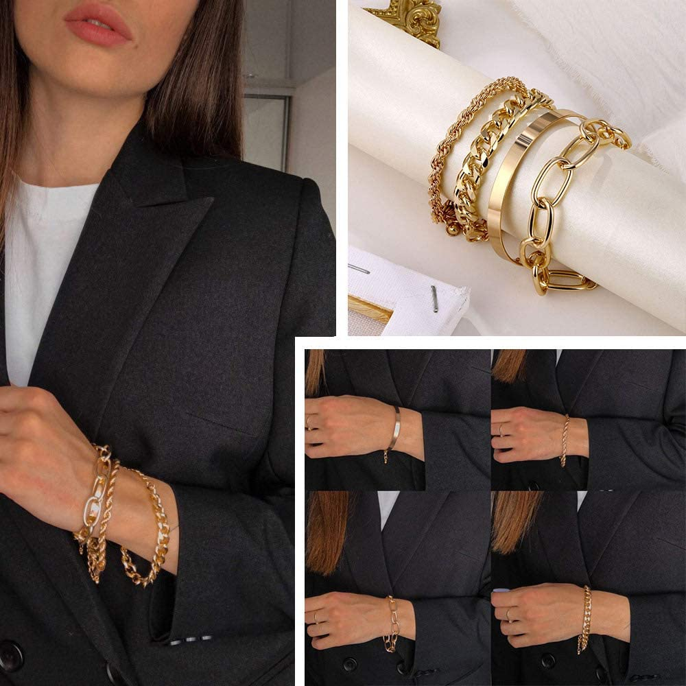 IFKM Gold Bracelets for Women, 14K Gold Plated Dainty Layered Chain Bracelets Adjustable Cute Charm Bangle Link Bracelet Set