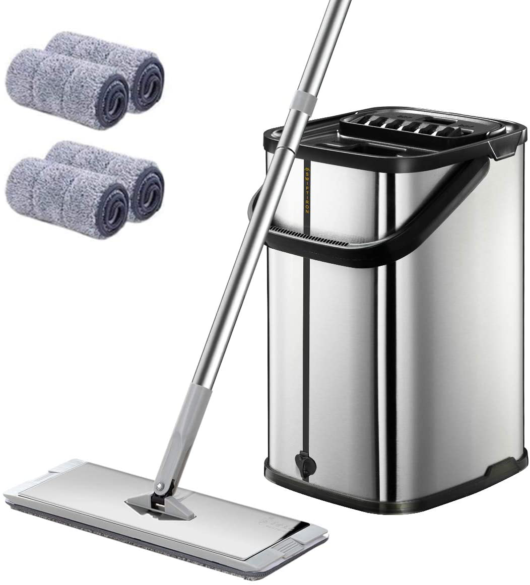Silver Squeeze Flat Floor Mop and Bucket Set, Stainless Steel Handle Adjustable, 4 Washable & Reusable Microfiber Mop Pads, Professional Commercial Home Mops for Floor Cleaning
