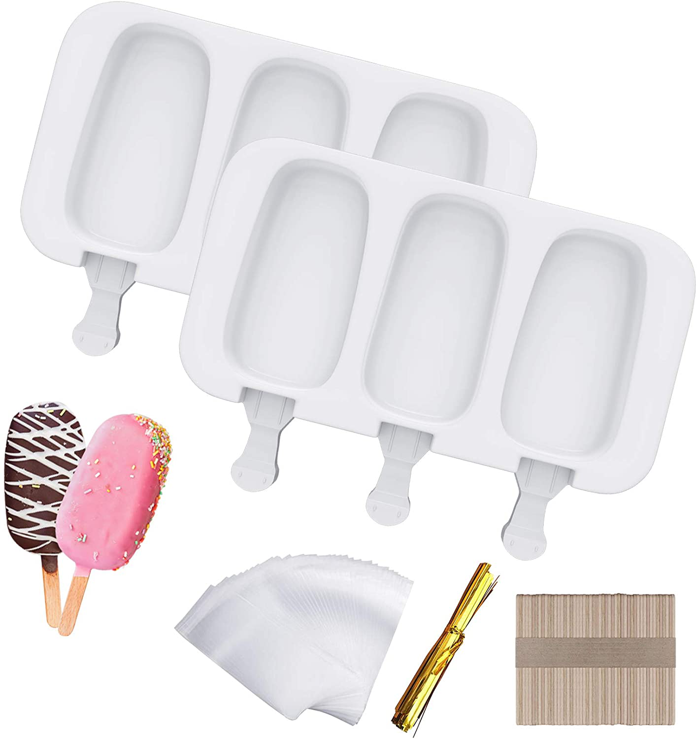 Ouddy Upgrade 2 Pack Large Popsicle Molds, Ice Cream Mold & Silicone Cakesicle Molds with 50 Wooden Sticks & 30 Popsicle Bags for DIY Ice Pop and Cake