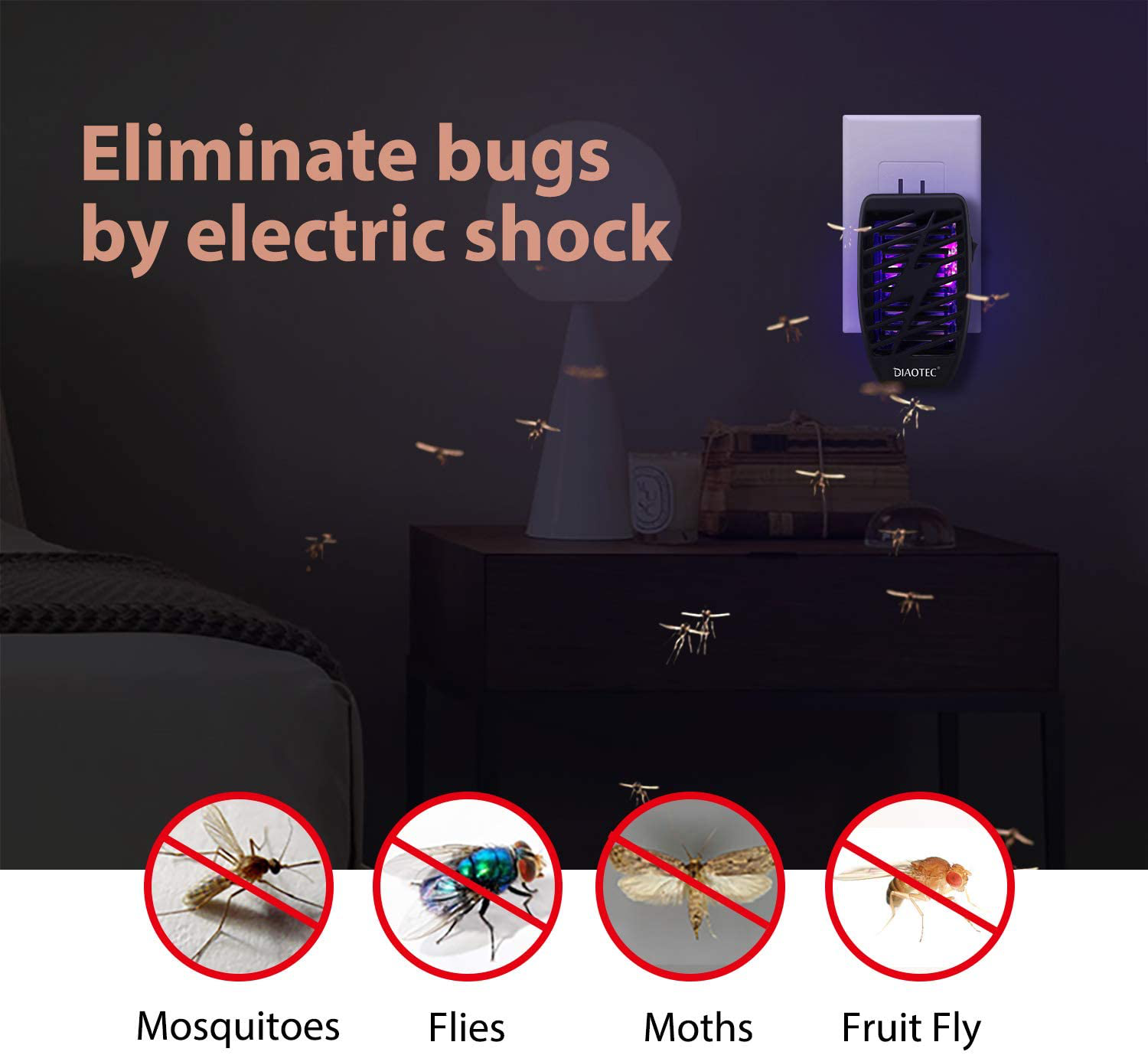 Diaotec 2Pack Indoor Plug-in Mosquito Trap Electronic Bug Zapper with Night Light - Insect Killer - Gnat Killer Lamp - Electric Insect Repellent - Eliminates Flying Pests Flies Gnats Moth and Bugs