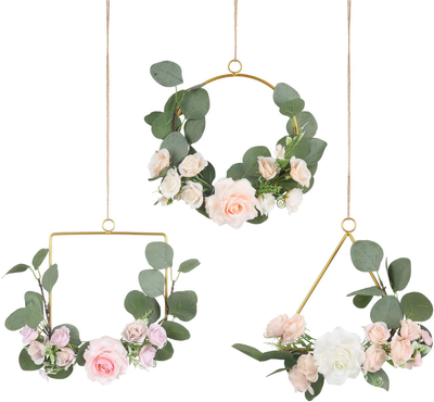 Pauwer Floral Hoop Wreath Set of 3 Artificial Rose Flowers and Eucalyptus Garland Metal Ring Wreath Hanging for Wedding Nursery Wall Decor (Mix Color Rose)
