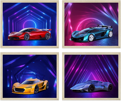 Cyber Car Poster, Car Prints for Boys Room - Set of 4 (8x10in) Cars Bedroom Decor For Boys Wall Art - Boy Bedroom Decor, Teen Boys Room Decor, Boys Room Wall Decor - Unframed Car Decor Men