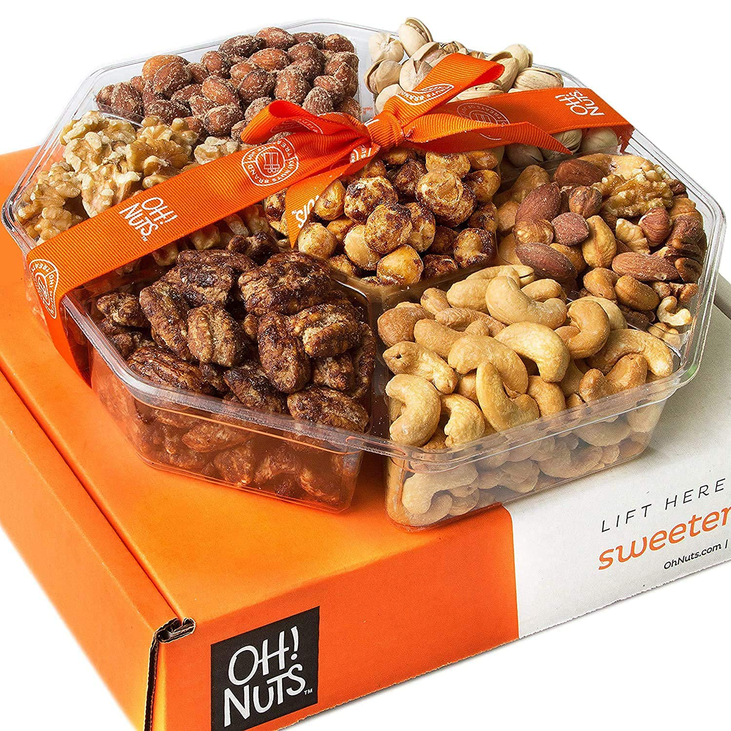 Oh! Nuts Gourmet Nut Gift Baskets, Freshly Roasted Party Tray, Prime Basket Gift Idea for Hanukkah, Thanksgiving, Christmas, Valentines Day, Men & Woman Birthday, Sympathy -4 Section Nut Gift Basket