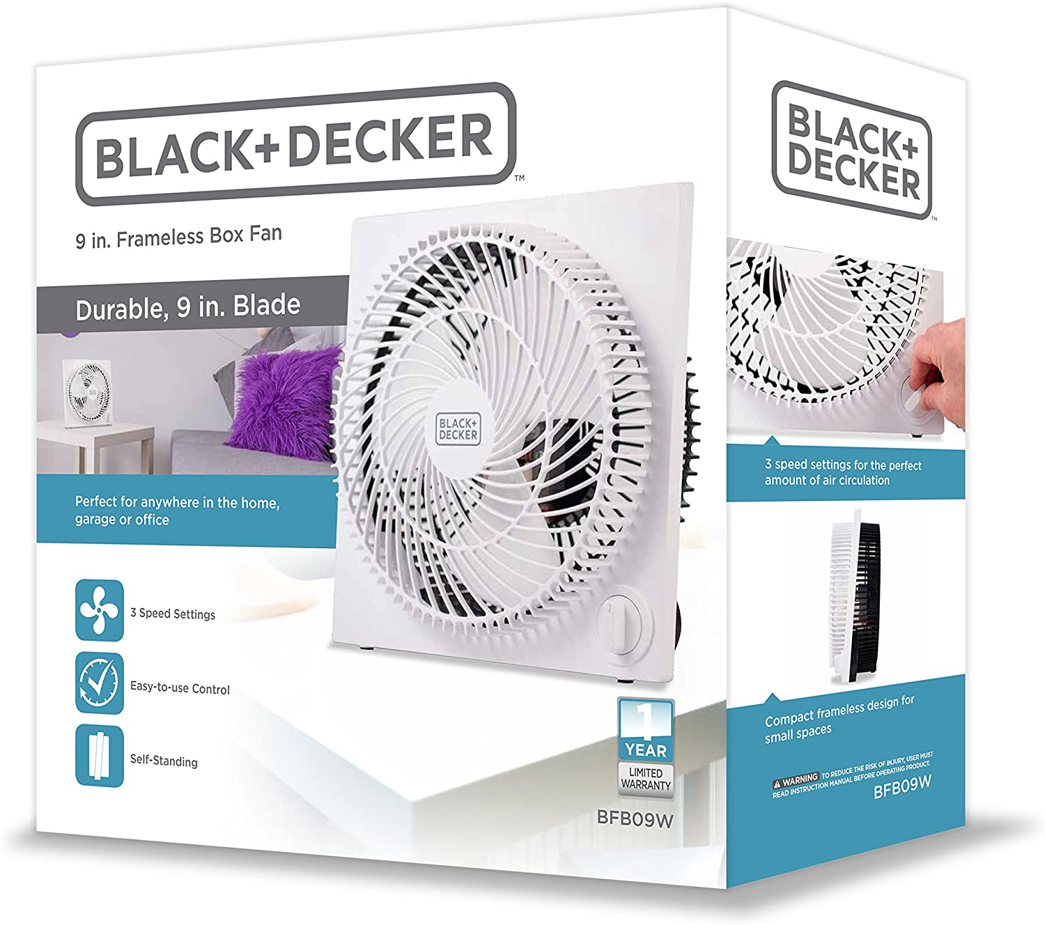 BLACK+DECKER Mini Box Fan – Tabletop Quiet 9 Inch Desk Box Fans Frameless BFB09W White