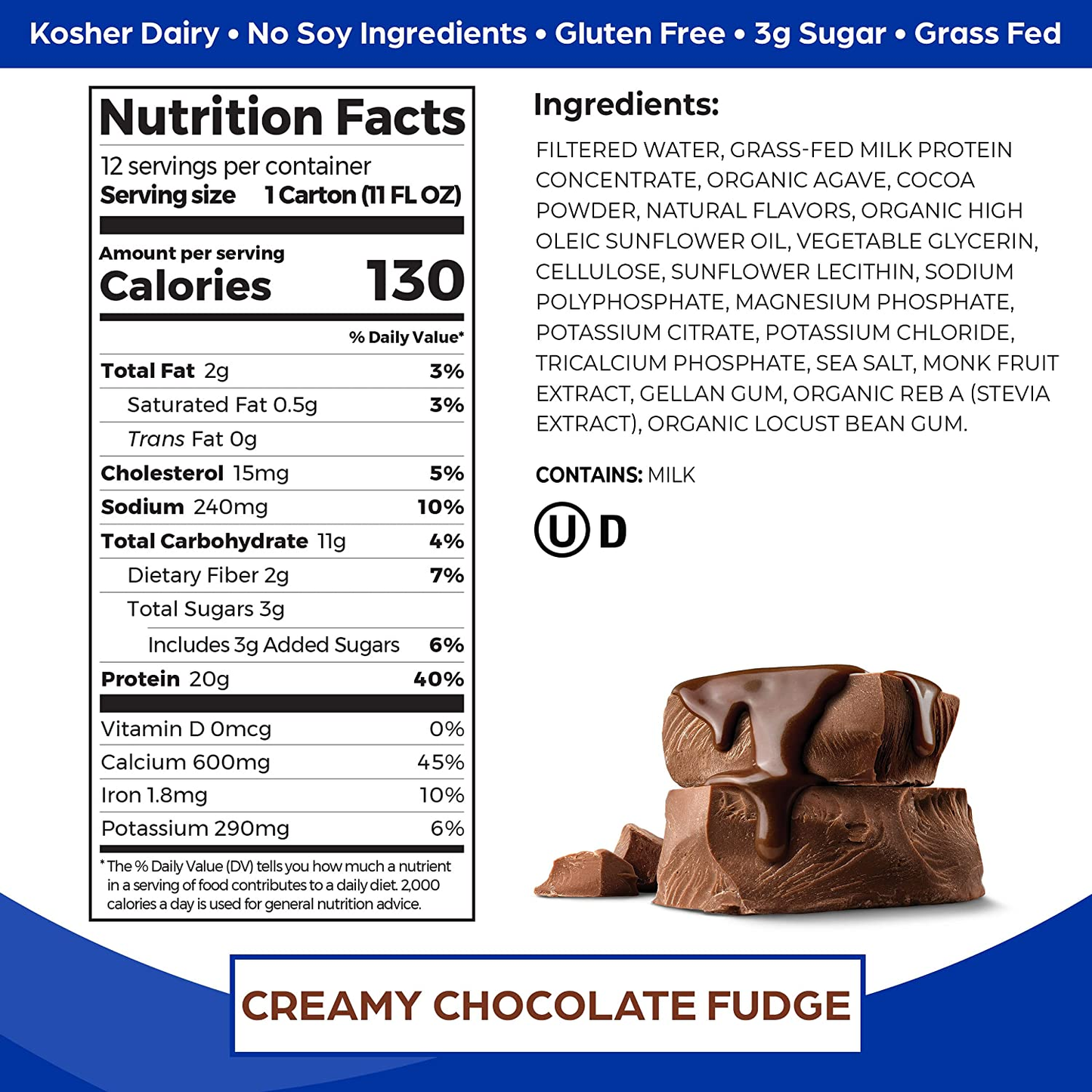 Orgain Grass Fed Clean Protein Shake, Creamy Chocolate Fudge - 20G of Protein, Meal Replacement, Ready to Drink, Gluten Free, Soy Free, Kosher, Packaging May Vary, 11 Fl Oz (Pack of 12)