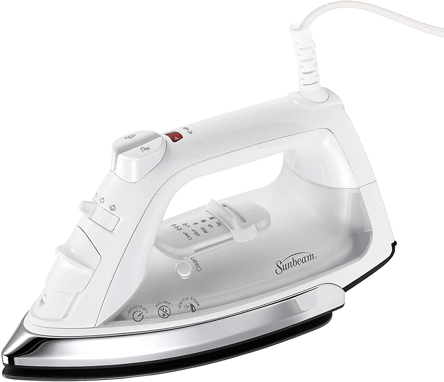 Sunbeam Classic 1200 Watt Mid-size Anti-Drip Non-Stick Soleplate Iron with Shot of Steam/Vertical Shot feature and 8' 360-degree Swivel Cord, White/Clear, GCSBCL-317-000