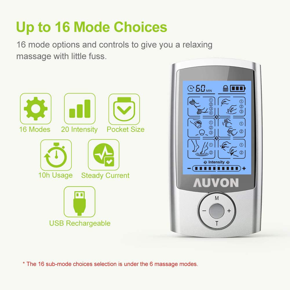 AUVON Rechargeable TENS Unit Muscle Stimulator, 3Rd Gen 16 Modes TENS Machine with 8Pcs 2"X2" Premium Electrode Pads (American Gel) for Pain Relief