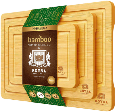 Bamboo Cutting Board Set with Juice Groove (3 Pieces) - Kitchen Chopping Board for Meat (Cutting Board) Cheese and Vegetables (Natural)