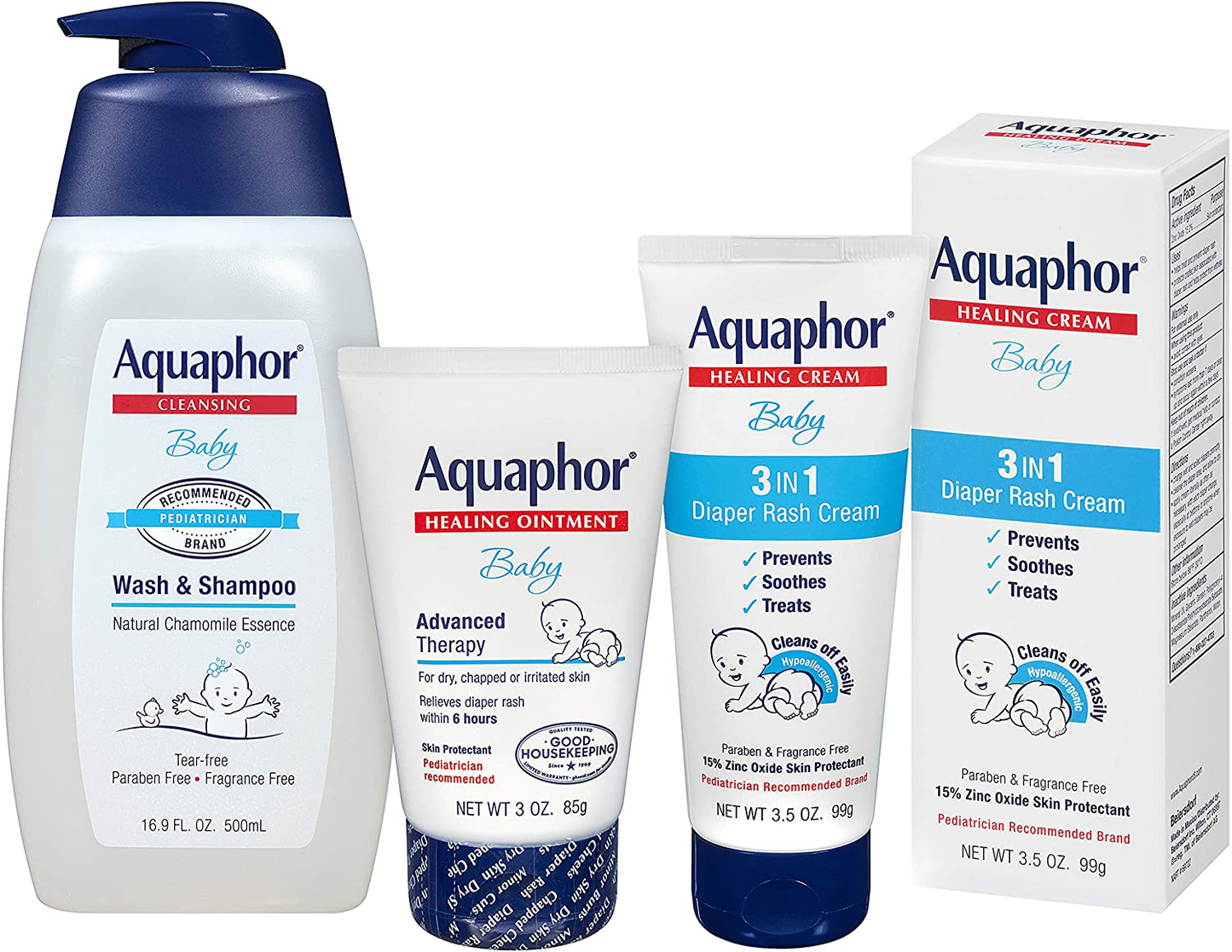 Aquaphor Baby Welcome Gift Set, Free WaterWipes and Bag Included, Healing Ointment, Wash & Shampoo, 3 in 1 Diaper Rash Cream, 5 Piece