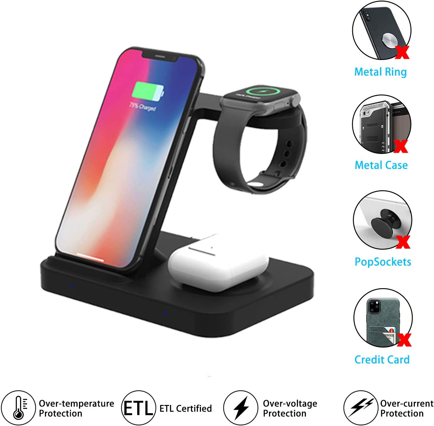 3 in 1 Wireless Charging Station,15W Fast Charging Stand for Iphone 13/12/11/Pro/Pro Max/Xr/Xs/X/8 Plus,Iwatch SE 6 5 4 3 2,Airpods,Samsung Galaxy Phone