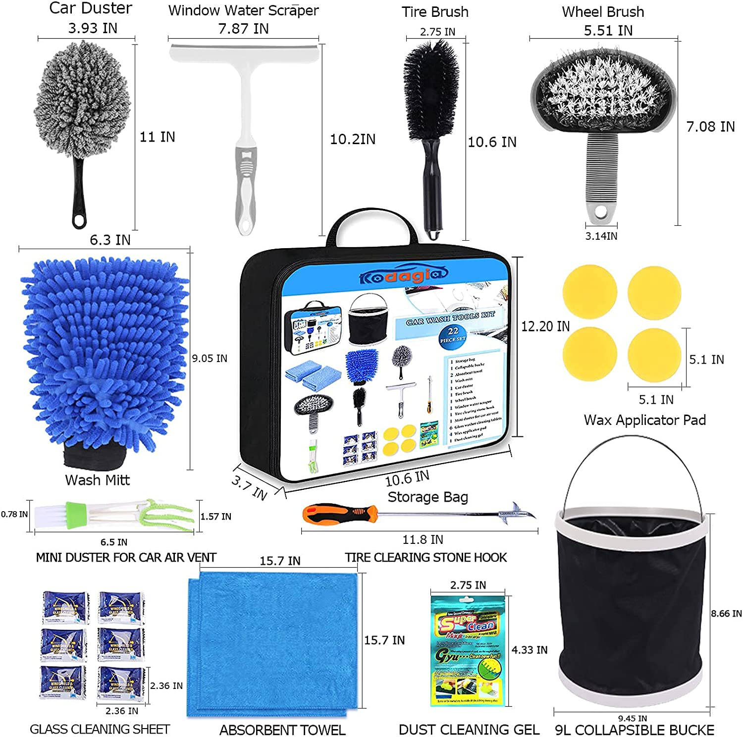 Kodagia 22pcs Car Wash Kit Car Detailing Kit Cleaning Tool Sets with Collapsible Bucket, Microfiber Towel, Tire Brush, Window Scraper, Car Wash Sponges and Dust Cleaning Gel Complete Car Care Kit