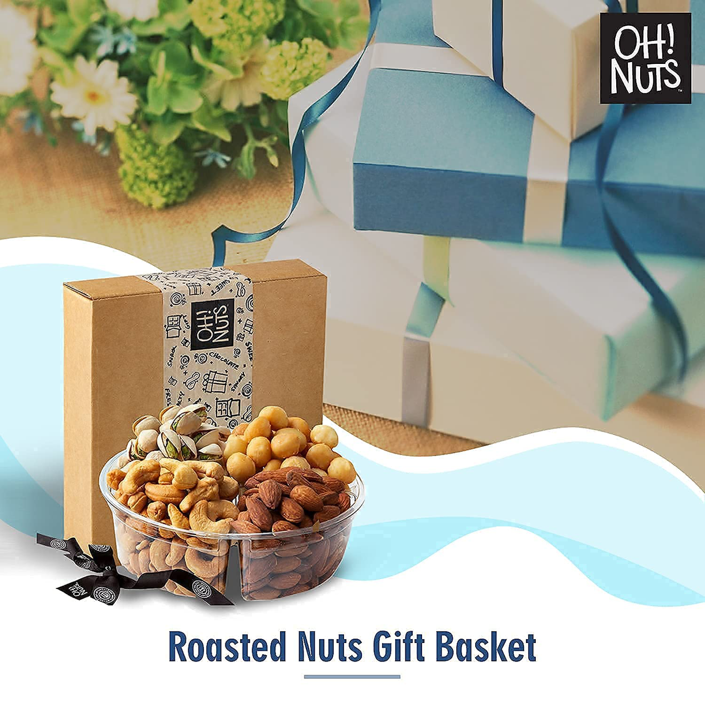 Oh! Nuts Gourmet Nut Gift Baskets, Freshly Roasted Party Tray, Prime Basket Gift Idea for Hanukkah, Thanksgiving, Christmas, Valentines Day, Men & Woman Birthday, Sympathy -4 Section Nut Gift Basket