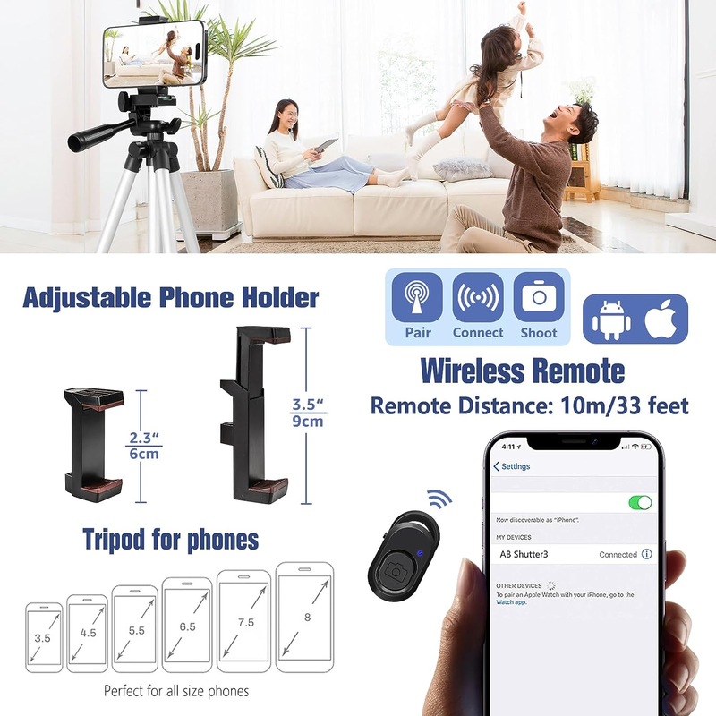 44" Phone Tripod with Phone Holder Mount/Wireless Remote