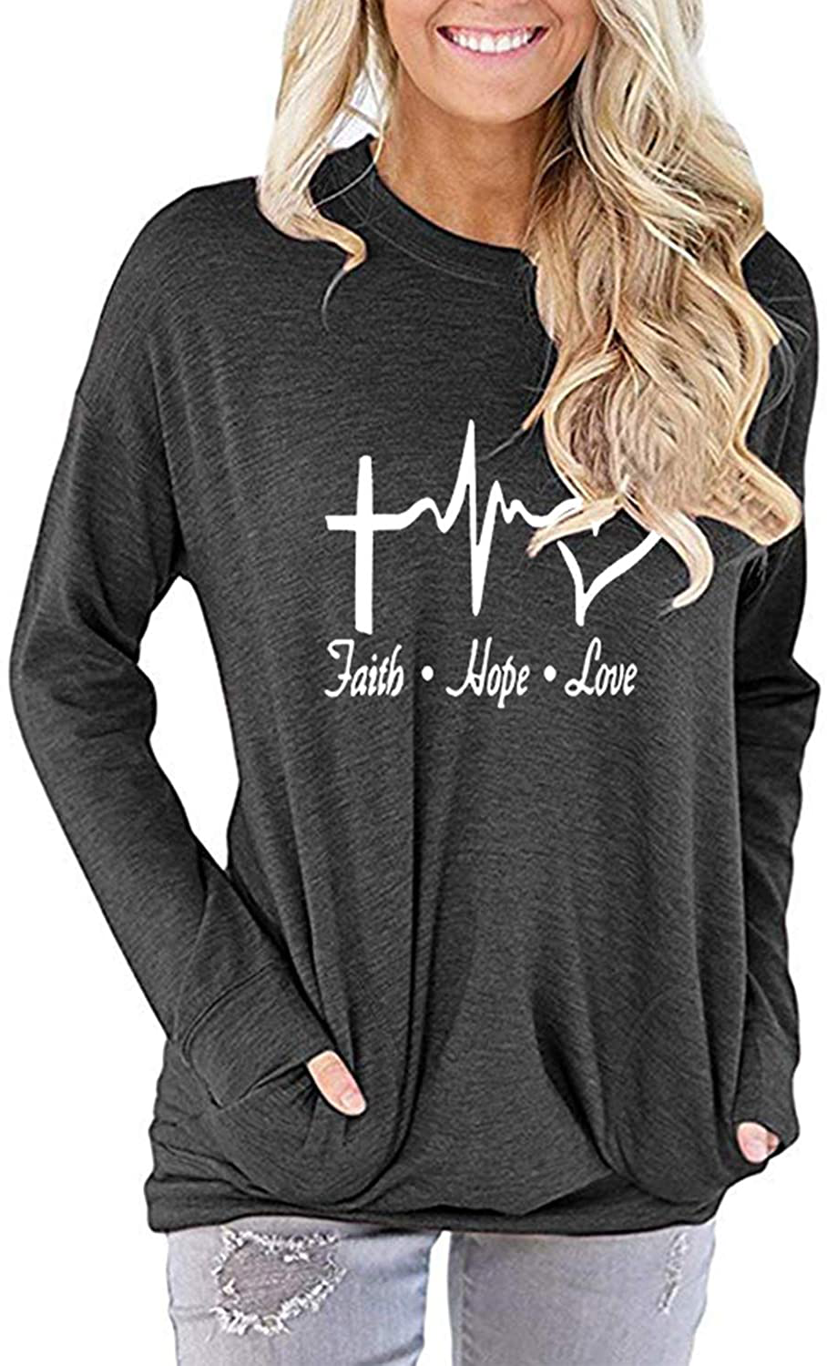 ZILIN Women's Casual Letter Print Crewneck T-Shirt Long Sleeve Tunic Tops Sweatshirt with Pockets