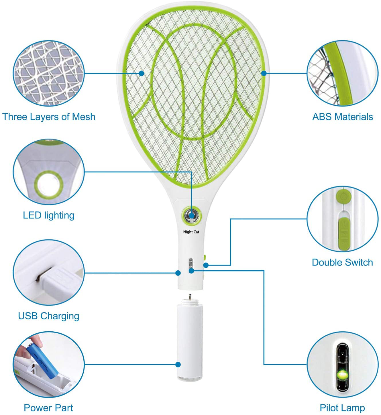 Night Cat Bug Zapper Racket Electric Fly Swatter Racquet Electronic Mosquito Killer with USB Charging LED Lighting Double Layer Protection Detachable Handle