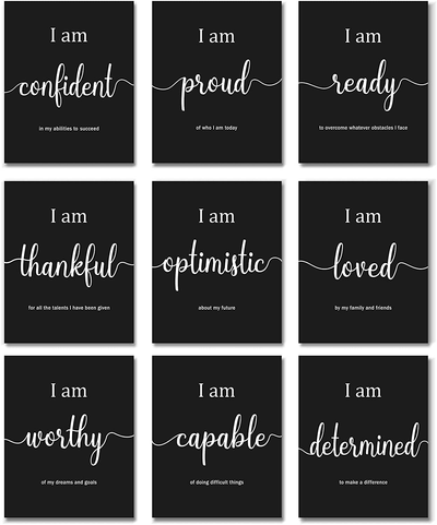 9 Pieces Inspirational Motivational Wall Art Office Bedroom Wall Art, Daily Positive Affirmations for Men Women Kids Inspirational Posters Inspirational Positive Quotes Sayings Wall Decor (White)