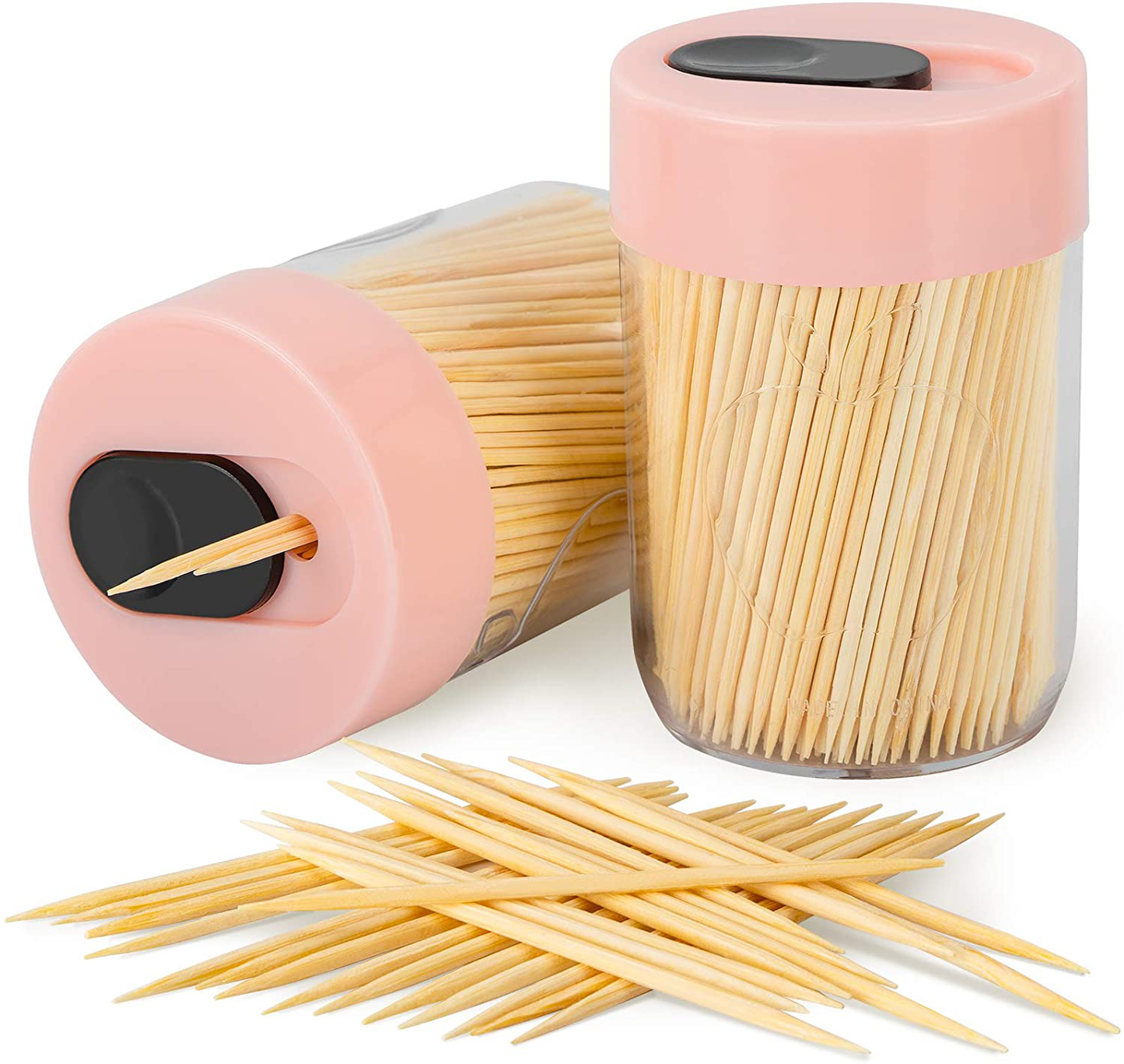 Urbanstrive Sturdy Safe Toothpick Holder with 800 Natural Wood Toothpicks for Teeth Cleaning, Unique Home Design Decoration, Unusual Gift, 2 Pack, Pink