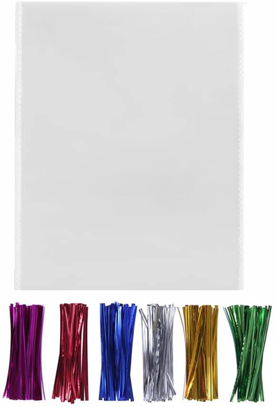 200 Clear Cello Bags 8x10 with Twist Ties 6 Mix Colors - 1.4mils Thick OPP Flat Party Favor Bags for Wedding Cookie Candy Buffet Supply (8'' x 10'')