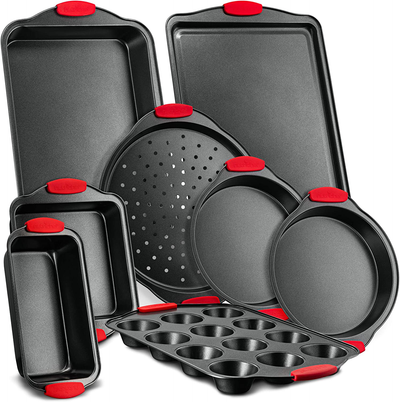 Nutrichef 8-Piece Carbon Steel Nonstick Bakeware Baking Tray Set w/Heat Red Silicone Handles, Oven Safe Up to 450°F, Black