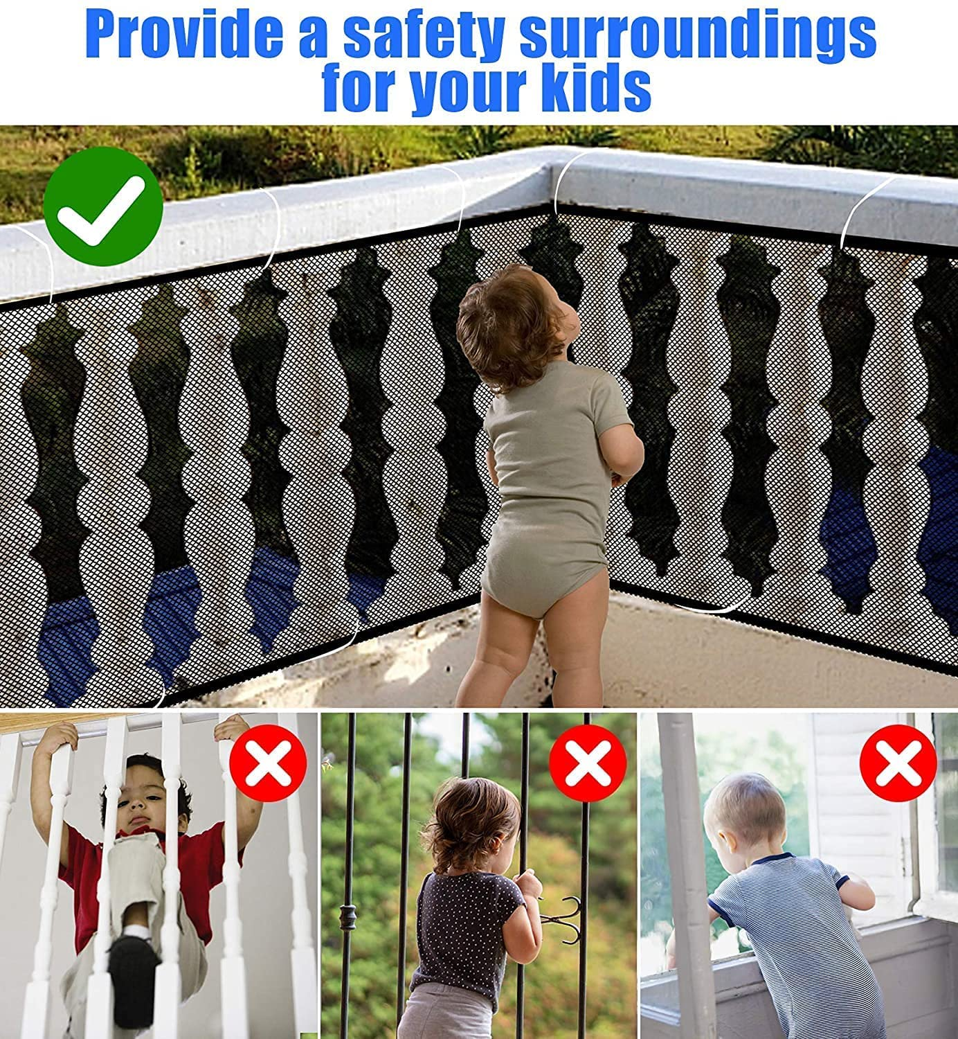 Baby Gate for Stairs, Banister Guard for Kids, Pets, Toys, 10Ft L X 2.66 Ft H, Mesh Netting Safety Net for Balcony Rail Stair, Stairway Net Baby Safety Products for Indoor & Outdoor