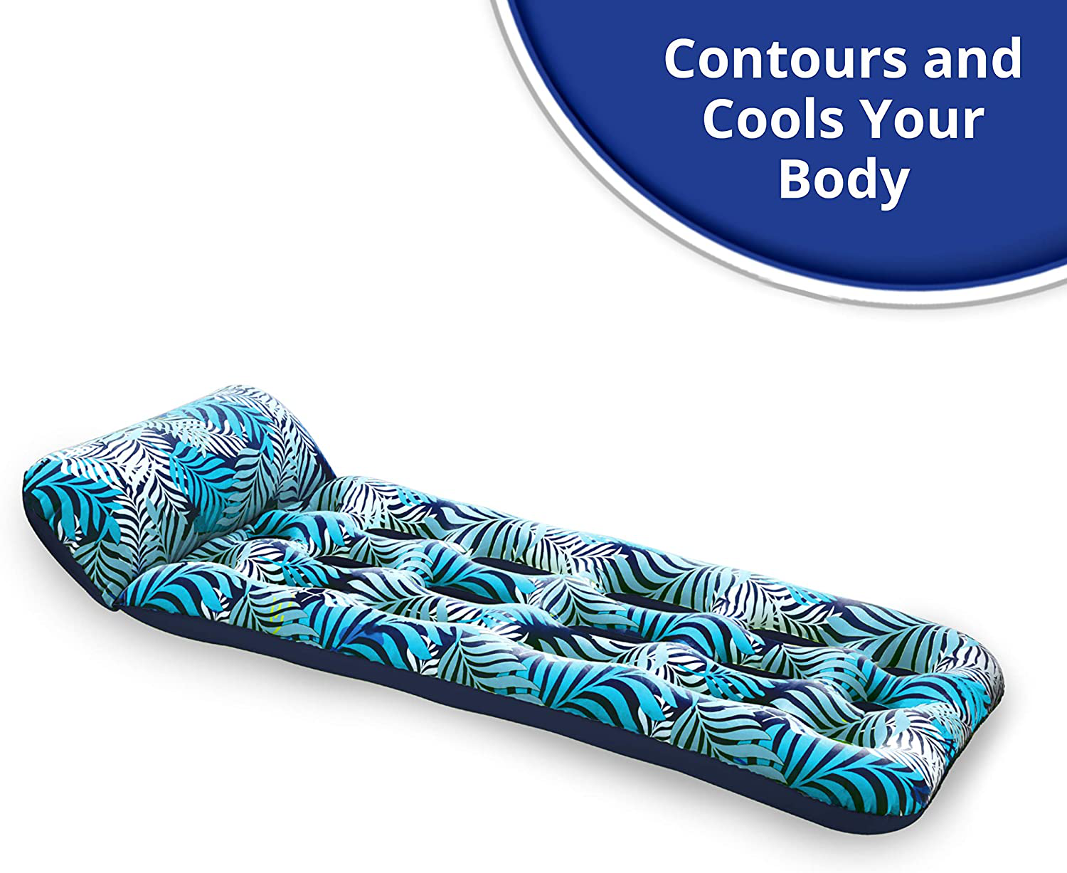 Aqua LEISURE Oversize Supreme Fabric Covered 18-Pocket Inflatable Contour Lounge Luxury Fabric Suntanner Pool Float Heavy Duty Blue Ferns
