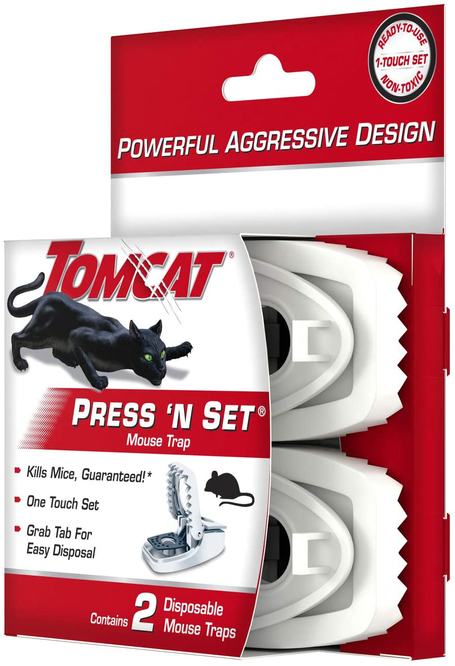 Tomcat Press 'N Set Mouse Trap, 2 Traps & Mouse Killer Disposable Station for Indoor Use - Child Resistant, 4 Stations with 1 Bait Each