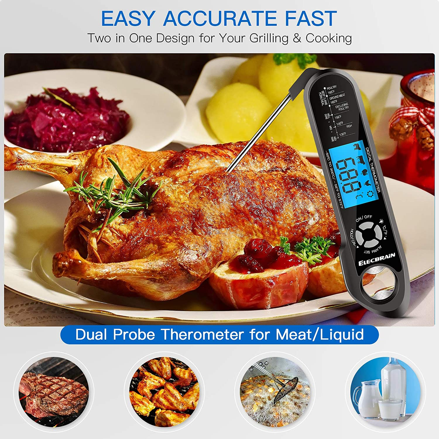 Meat Thermometer, Instant Read Food Thermometer, Dual Probe 2 in 1 Waterproof Oven Thermometer with Alarm, Backlight, Calibration for Kitchen, Cooking, BBQ and Oil Deep Frying