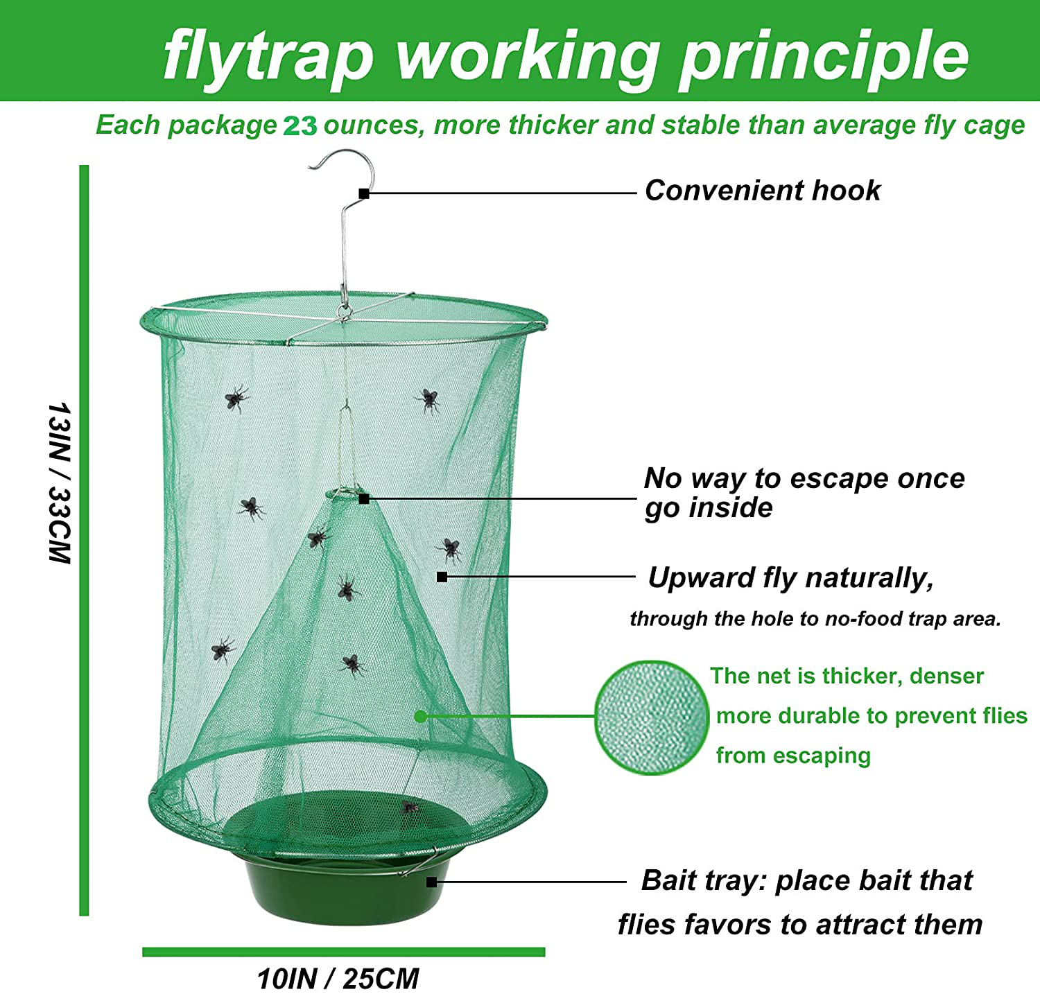 Ranch Fly Trap - Reusable Fruit Fly Trap with Bait Tray, Upgraded Flay Catcher Cage Effective Flay Bag for Indoor Outdoor Hanging Family Farms,Horse Stable,Garden,Orchard,Park,Restaurants（4 Pack
