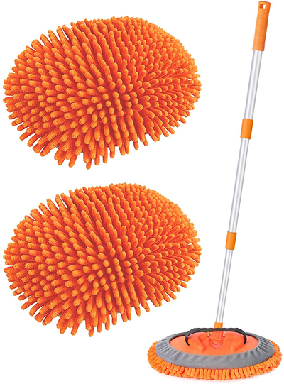 Conliwell 2 in 1 Car Wash Brush Mop Mitt Kit, Car Cleaning Kit Brush Duster, 45" Aluminum Alloy Long Handle, 2Pcs Chenille Microfiber Mop Heads, Extension Pole, Scratch Free Car Cleaning Tool Supplies