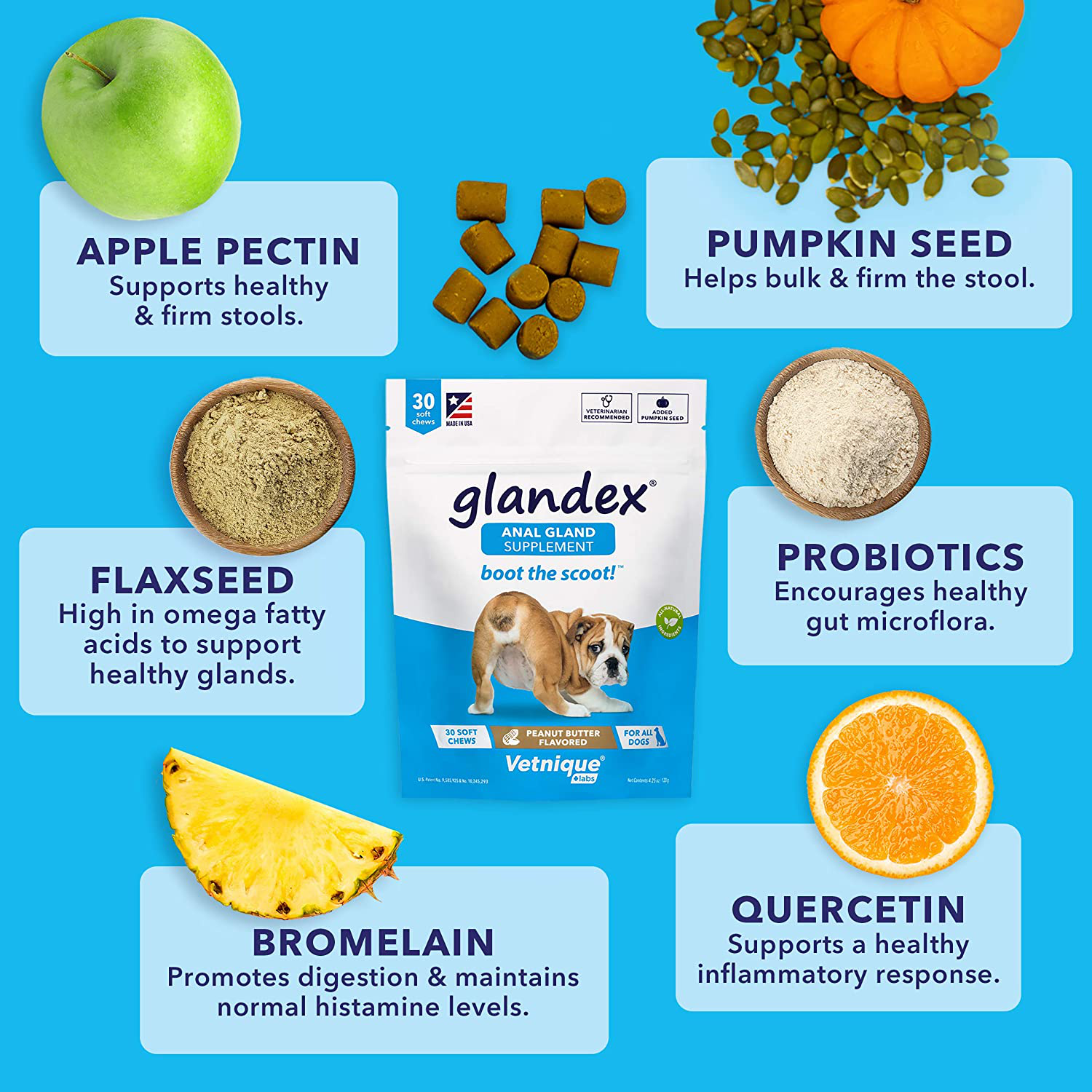 Glandex Anal Gland Soft Chew Treats with Pumpkin for Dogs 30ct Chews with Digestive Enzymes, Probiotics Fiber Supplement for Dogs