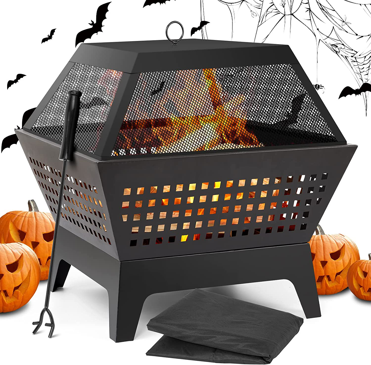 Amagabeli Fire Pit with Waterproof Cover Outdoor Wood Burning 24.4in Firepit Firebowl Fireplace Poker Spark Screen Retardant Mesh Lid Extra Deep Large Square Backyard Deck Heavy Duty Grate Black