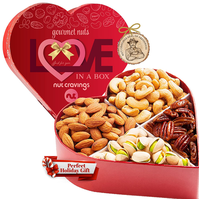 Holiday Christmas Nuts Gift Basket in Heart Box (4 Piece Set) Xmas 2021 Idea Arrangement Platter, Birthday Care Package Variety, Healthy Food Kosher Snack Tray for Adults Women Men Prime