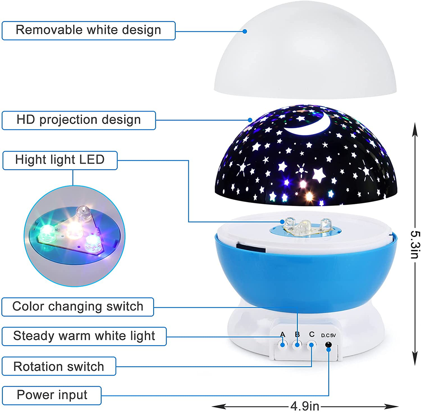 Night Light for Kids, Votozi Kids Night Light, Star Night Light, Moon and Star Projector 360 Degree Rotation - 4 LED Bulbs 9 Light Color Changing with USB Cable, Unique Gift for Men Women Children