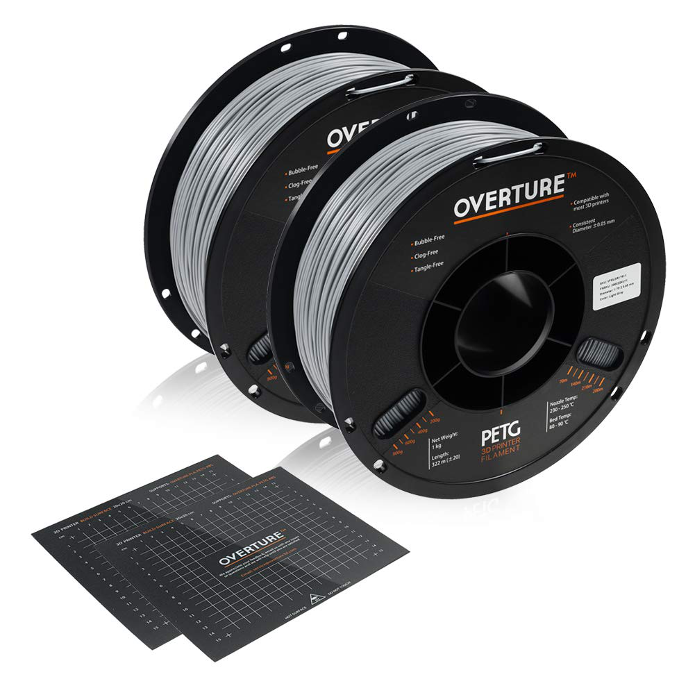 OVERTURE PETG Filament 1.75mm with 3D Build Surface 200 x 200 mm 3D Printer Consumables, 1kg Spool (2.2lbs), Dimensional Accuracy +/- 0.05 mm, Fit Most FDM Printer