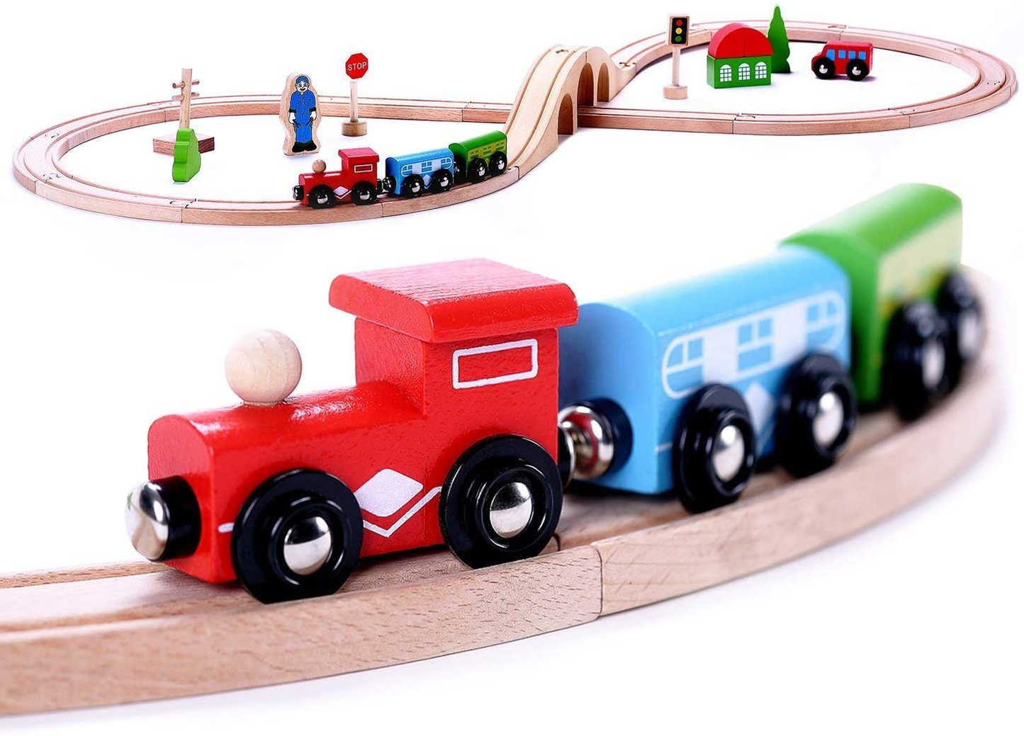 Premium Wooden Train Set Toy, 30pcs Double-Sided Train Tracks, Magnetic Trains Cars & Accessories for 3 Year Olds and Up - Compatible with Thomas Tank Engine and Other Major Brands