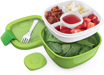 Bentgo Salad - Stackable Lunch Container with Large 54-oz Salad Bowl, 4-Compartment Bento-Style Tray for Toppings, 3-oz Sauce Container for Dressings, Built-In Reusable Fork & BPA-Free (Green)