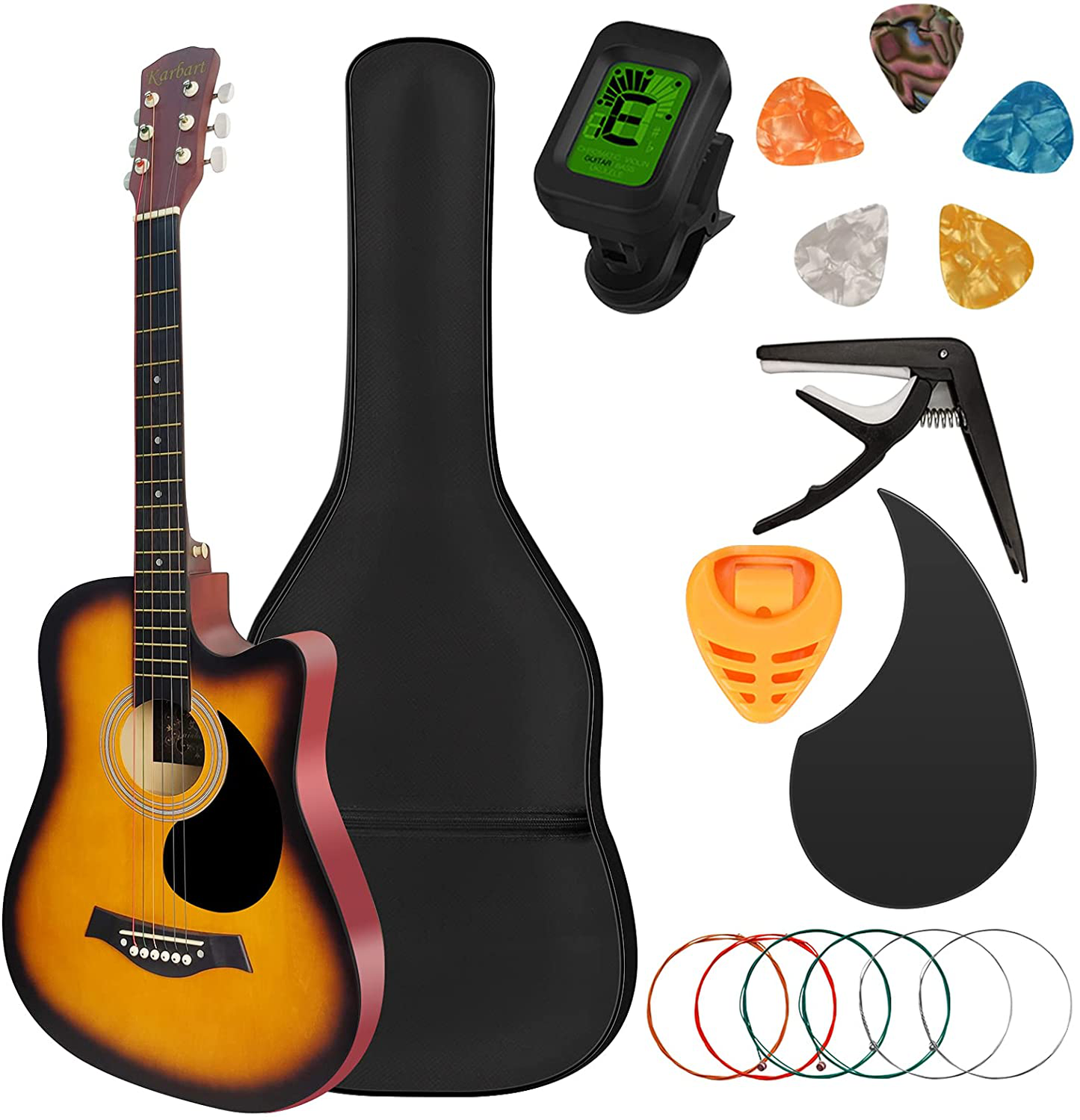 Karbart 38In Wood Acoustic Guitar Starter Kit for Beginners with Guitar Accessories Package,5 Pcs Guitar Picks,Guitar Tuner,Guitar Bag,Guitar Strap,Guitar Strings