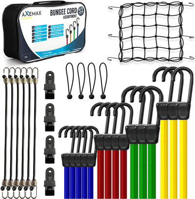 Bungee Cords 32 Pieces Assortment of Tarp Clips, Canopy Ties, Bungie Straps and Cargo Net with Heavy Duty Plastic Coated Metal Hooks -10,18,24,32,40 Inches