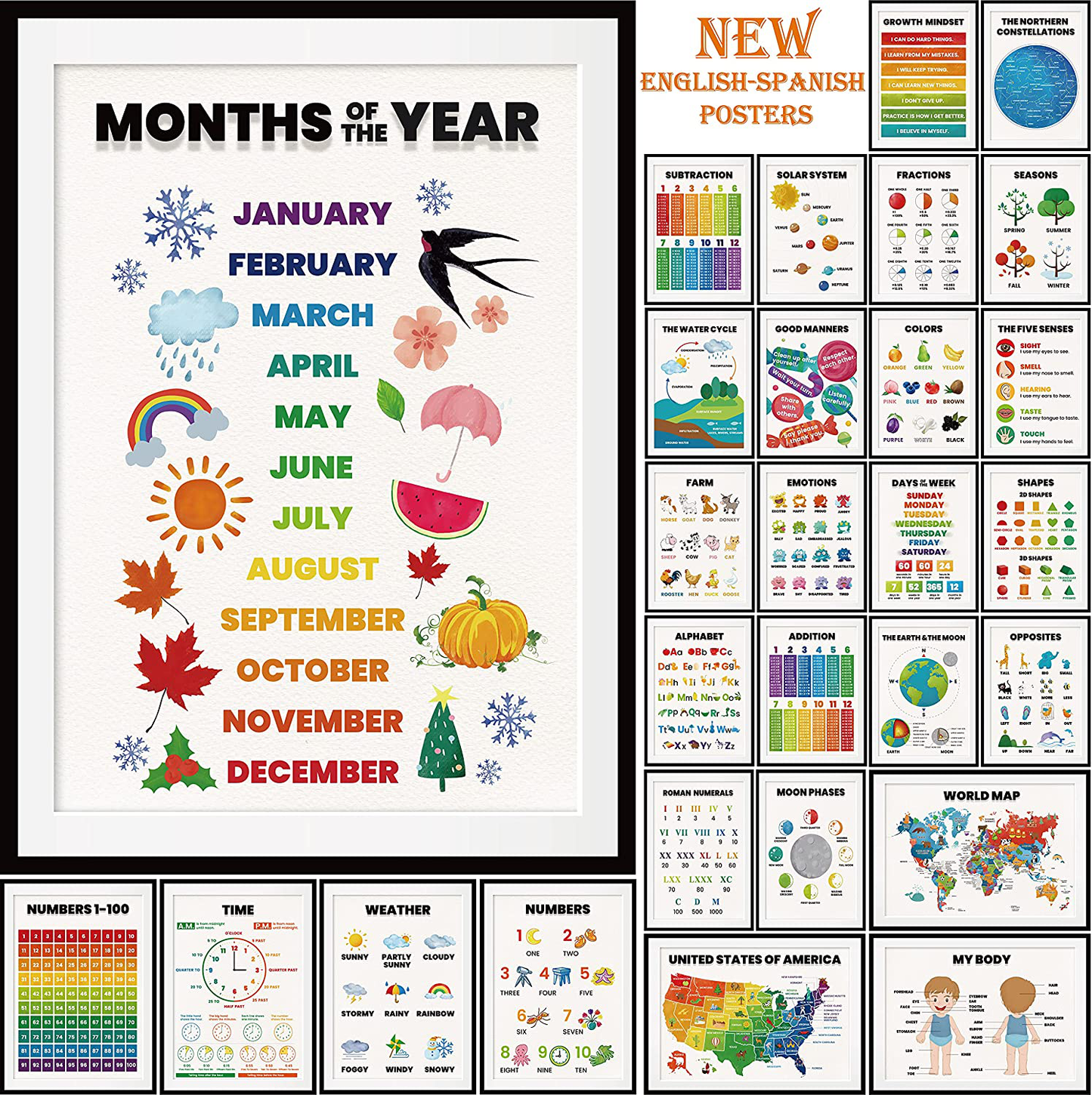 28 pieces English-Spanish Educational Posters for Toddlers for Nursery Classroom Kindergarten Home School Supplies, Preschool poster for wall, Includes: Alphabet charts, Days of the week.
