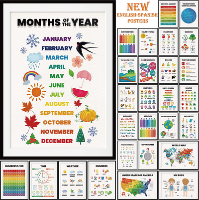 28 pieces English-Spanish Educational Posters for Toddlers for Nursery Classroom Kindergarten Home School Supplies, Preschool poster for wall, Includes: Alphabet charts, Days of the week.