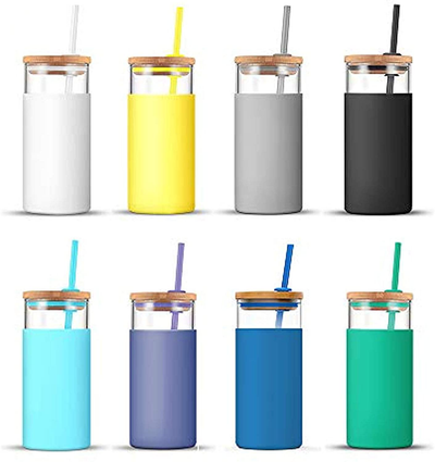 tronco 20oz Glass Tumbler Glass Water Bottle Straw Silicone Protective Sleeve Bamboo Lid - BPA Free (Multi-colored/8-Pack)