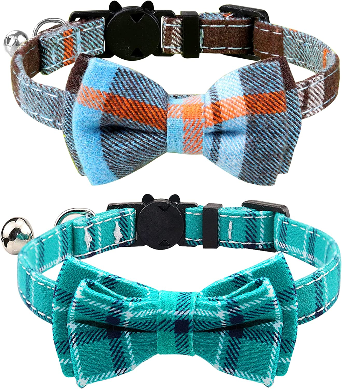 Joytale Breakaway Cat Collar with Bow Tie and Bell, Cute Plaid Patterns, 1 Pack Kitty Safety Collars,Haze Blue