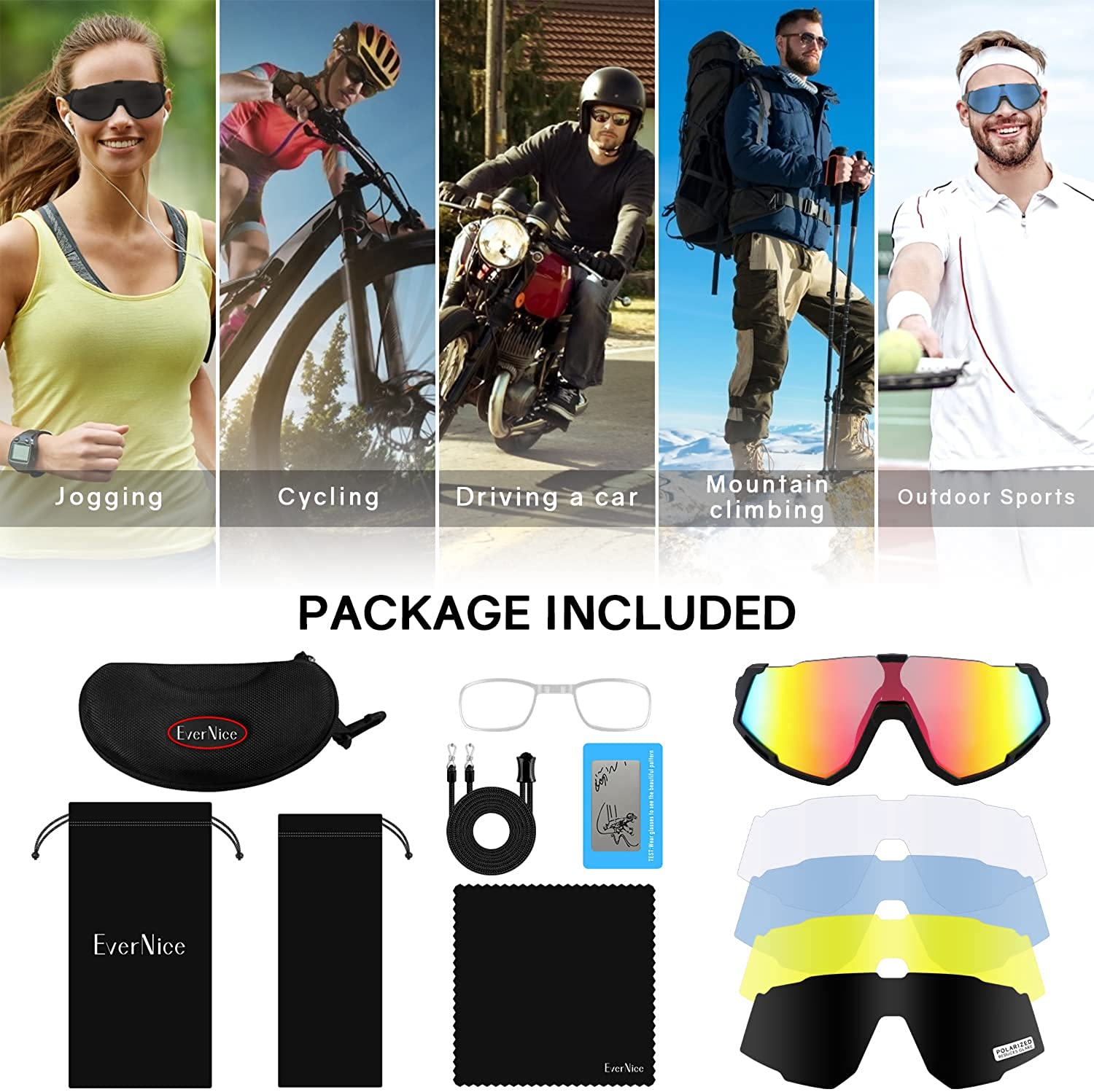 Cycling Glasses, Polarized Baseball Sunglasses with 3 or 5 Interchangeable Lenses, UV400, Mtb Sport Sunglasses for Men Women