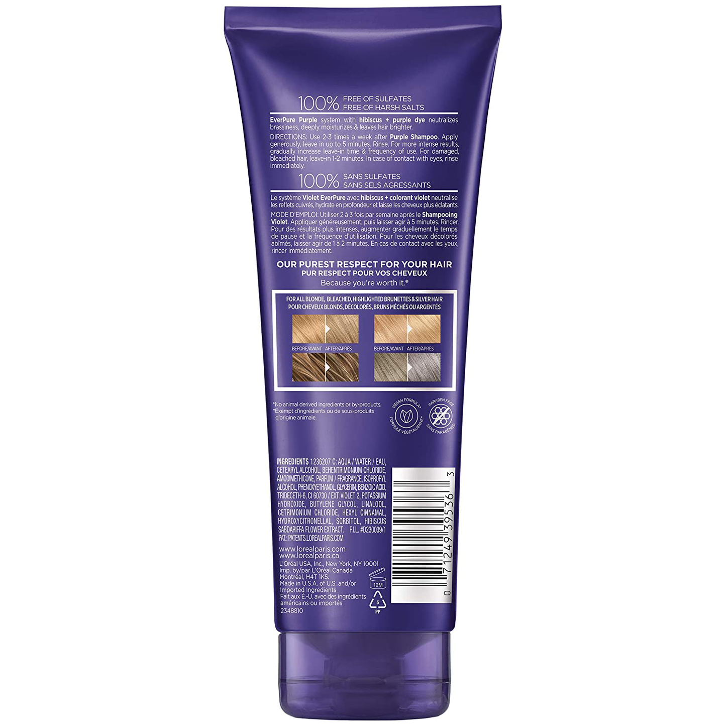 L'Oreal Paris Hair Care EverPure Sulfate Free Brass Toning Purple Conditioner for Blonde, Bleached, Silver, or Brown Highlighted Hair, 6.8 Fl; Oz (Packaging May Vary)