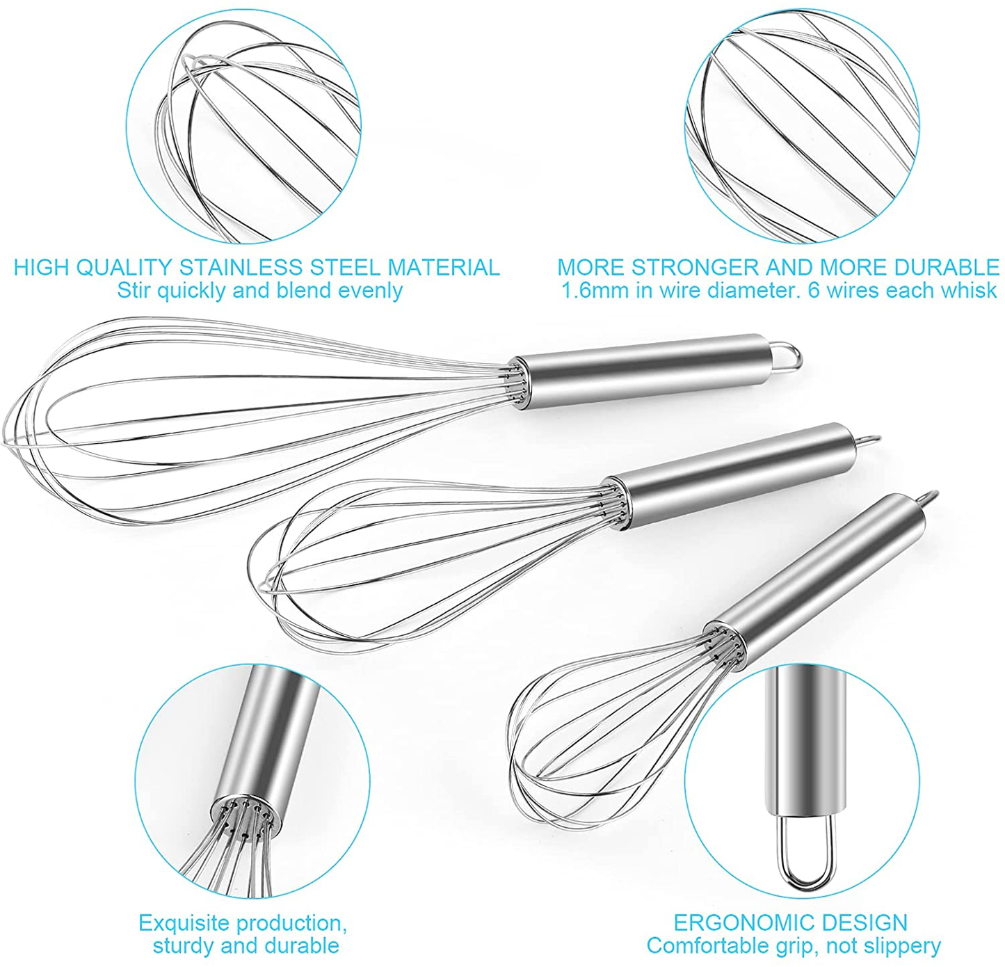 YLYL 3 Pcs Large Small Metal Mini Whisk Sets, Stainless Steel Egg Wire Tiny Whisks for Cooking Baking, Professional Whisking Wisk Kitchen Tool Utensil, Beater Balloon Whisker/Wisks/Wisker for Stirring